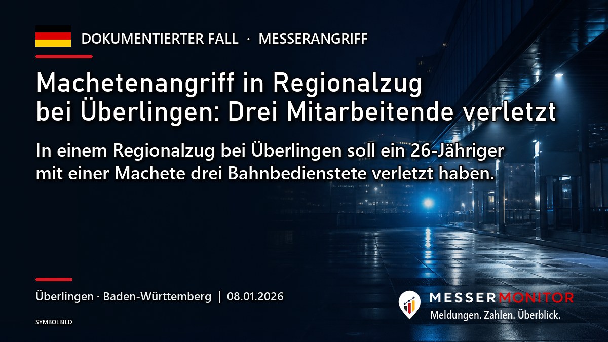 Titelgrafik: Machetenangriff in Regionalzug bei Überlingen: Drei Mitarbeitende verletzt. In einem Regionalzug bei Überlingen soll ein 26-Jähriger mit einer Machete drei Bahnbedienstete verletzt haben..
