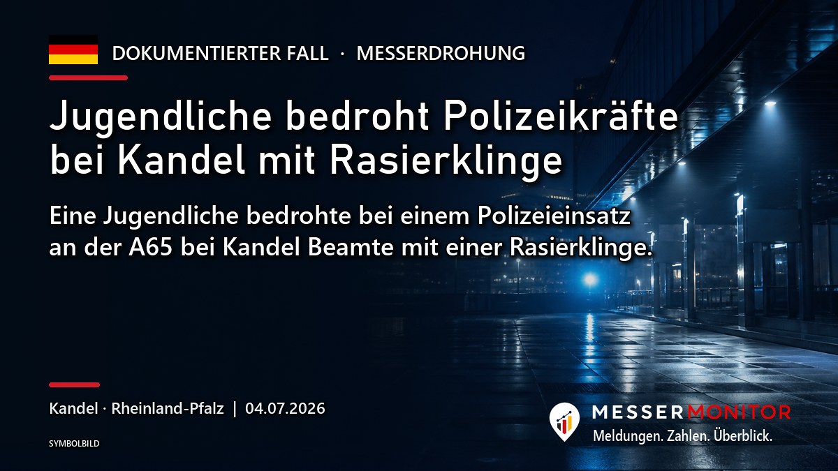 Titelgrafik: Jugendliche bedroht Polizeikräfte bei Kandel mit Rasierklinge. Eine Jugendliche bedrohte bei einem Polizeieinsatz an der A65 bei Kandel Beamte mit einer Rasierklinge..