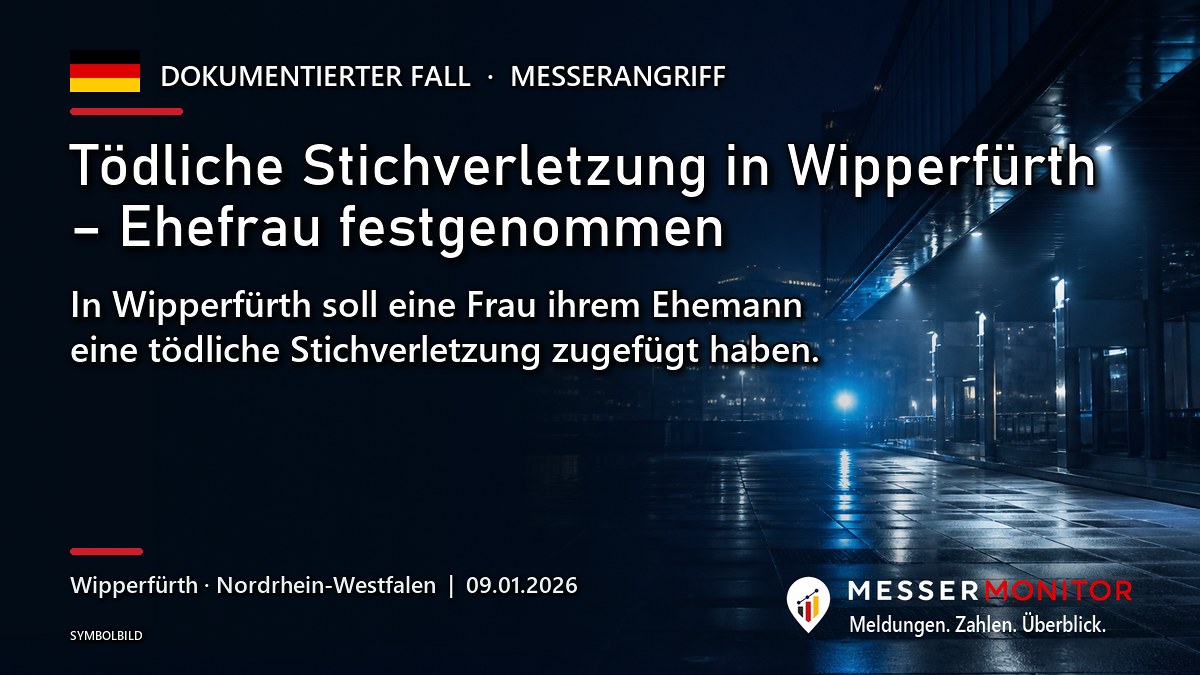 Titelgrafik: Tödliche Stichverletzung in Wipperfürth – Ehefrau festgenommen. In Wipperfürth soll eine Frau ihrem Ehemann eine tödliche Stichverletzung zugefügt haben..
