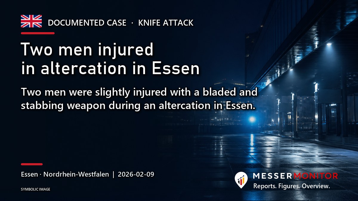 Title image: Two men injured in altercation in Essen. Two men were slightly injured with a bladed and stabbing weapon during an altercation in Essen..