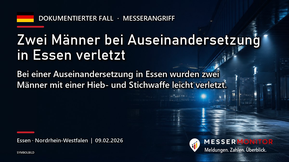 Titelgrafik: Zwei Männer bei Auseinandersetzung in Essen verletzt. Bei einer Auseinandersetzung in Essen wurden zwei Männer mit einer Hieb- und Stichwaffe leicht verletzt..