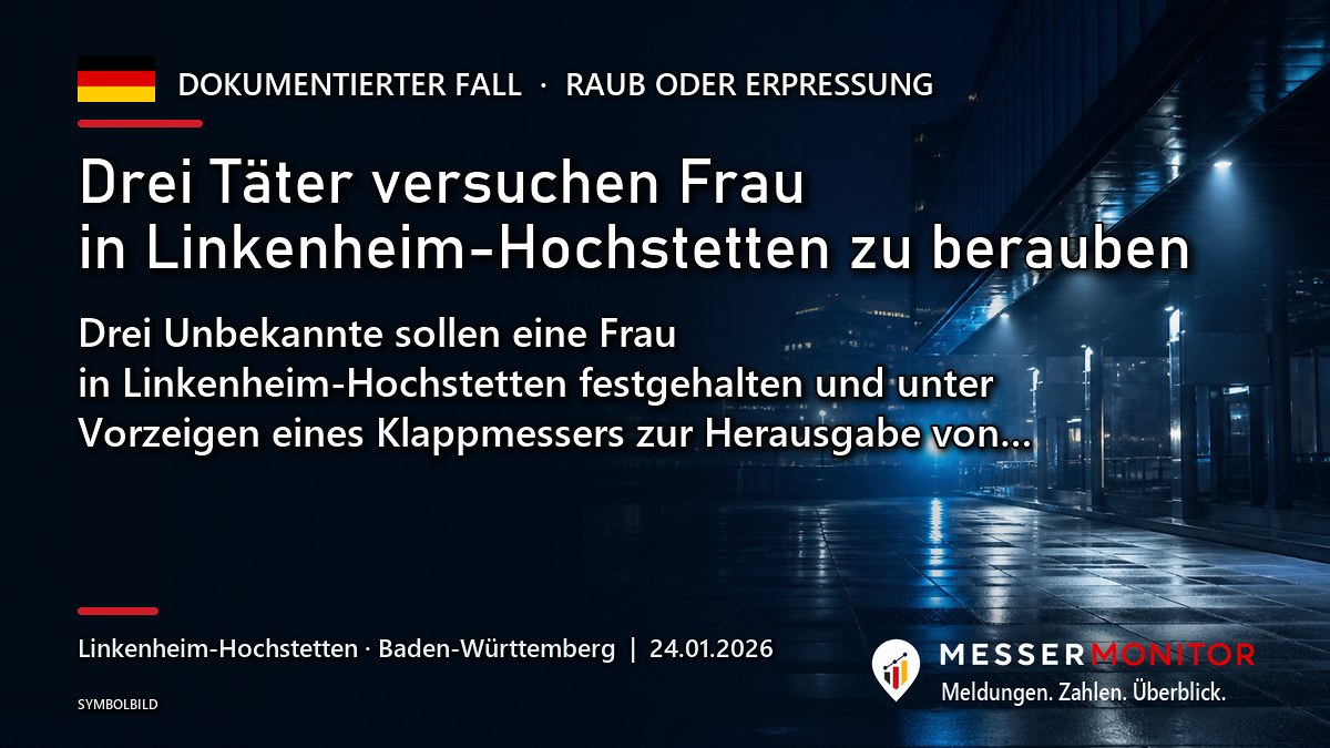 Titelgrafik: Drei Täter versuchen Frau in Linkenheim-Hochstetten zu berauben. Drei Unbekannte sollen eine Frau in Linkenheim-Hochstetten festgehalten und unter Vorzeigen eines Klappmessers zur Herausgabe von….
