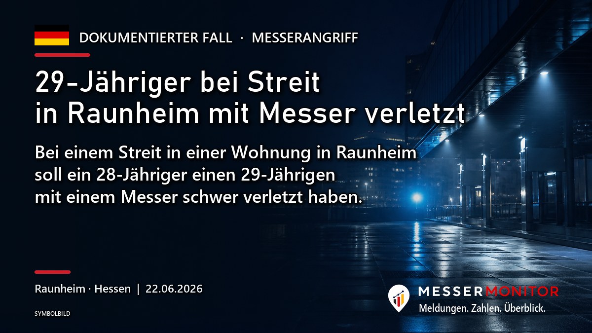 Titelgrafik: 29-Jähriger bei Streit in Raunheim mit Messer verletzt. Bei einem Streit in einer Wohnung in Raunheim soll ein 28-Jähriger einen 29-Jährigen mit einem Messer schwer verletzt haben..