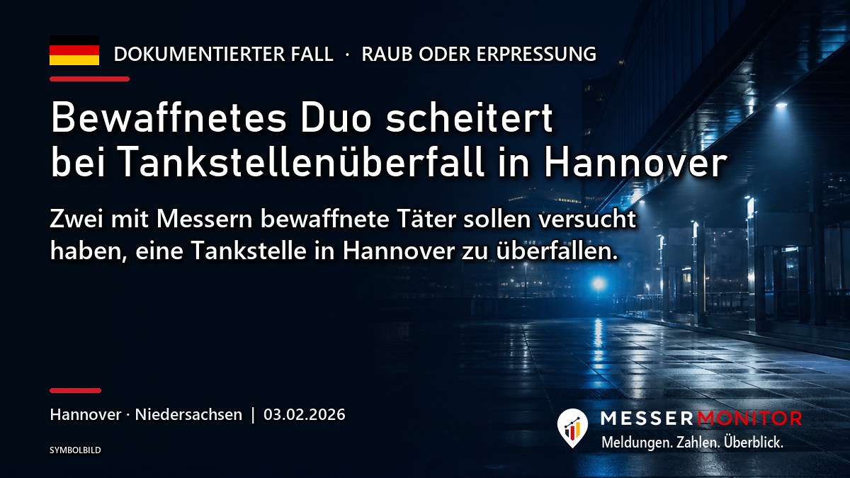 Titelgrafik: Bewaffnetes Duo scheitert bei Tankstellenüberfall in Hannover. Zwei mit Messern bewaffnete Täter sollen versucht haben, eine Tankstelle in Hannover zu überfallen..