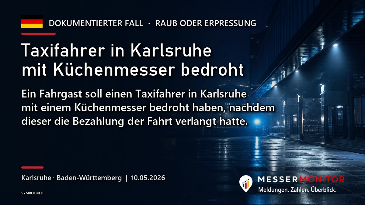 Titelgrafik: Taxifahrer in Karlsruhe mit Küchenmesser bedroht. Ein Fahrgast soll einen Taxifahrer in Karlsruhe mit einem Küchenmesser bedroht haben, nachdem dieser die Bezahlung der Fahrt verlangt hatte..