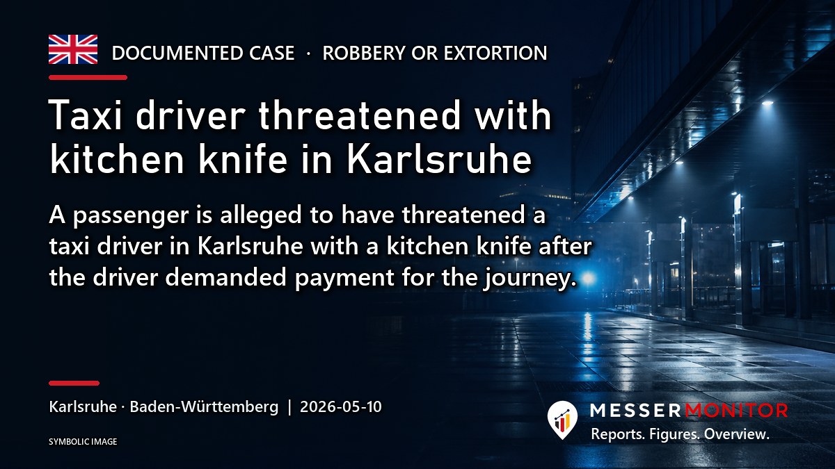 Title image: Taxi driver threatened with kitchen knife in Karlsruhe. A passenger is alleged to have threatened a taxi driver in Karlsruhe with a kitchen knife after the driver demanded payment for the journey..