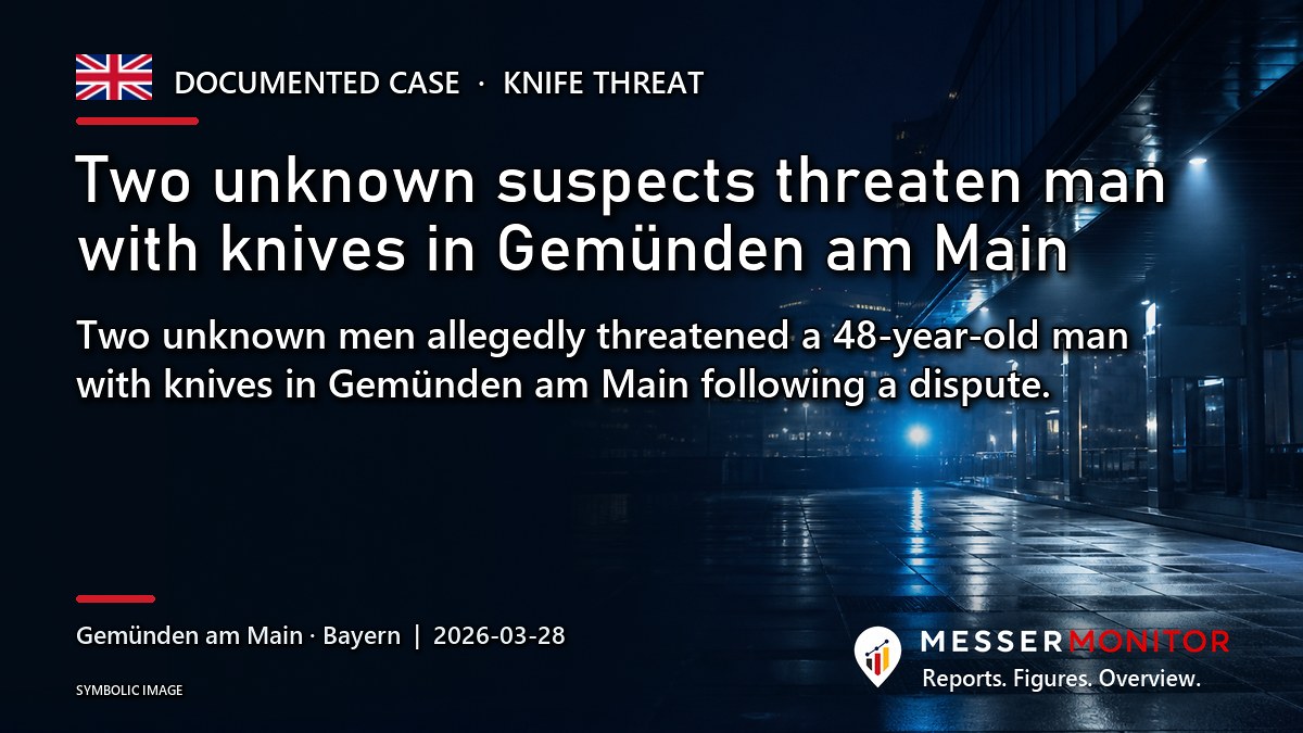 Title image: Two unknown suspects threaten man with knives in Gemünden am Main. Two unknown men allegedly threatened a 48-year-old man with knives in Gemünden am Main following a dispute..