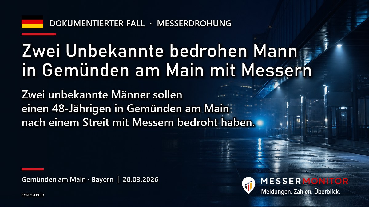 Titelgrafik: Zwei Unbekannte bedrohen Mann in Gemünden am Main mit Messern. Zwei unbekannte Männer sollen einen 48-Jährigen in Gemünden am Main nach einem Streit mit Messern bedroht haben..
