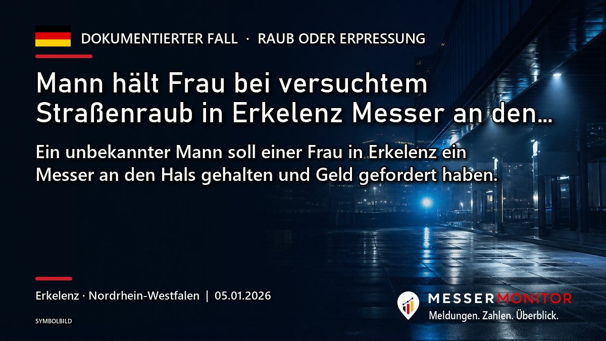 Titelgrafik: Mann hält Frau bei versuchtem Straßenraub in Erkelenz Messer an den…. Ein unbekannter Mann soll einer Frau in Erkelenz ein Messer an den Hals gehalten und Geld gefordert haben..