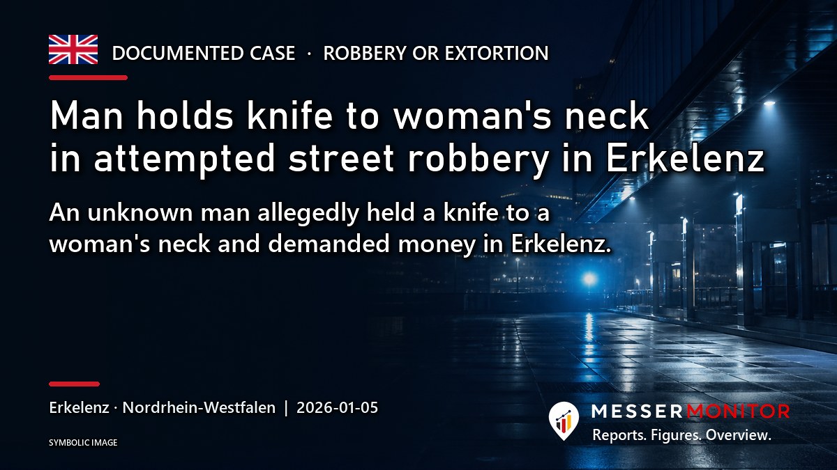 Title image: Man holds knife to woman's neck in attempted street robbery in Erkelenz. An unknown man allegedly held a knife to a woman's neck and demanded money in Erkelenz..