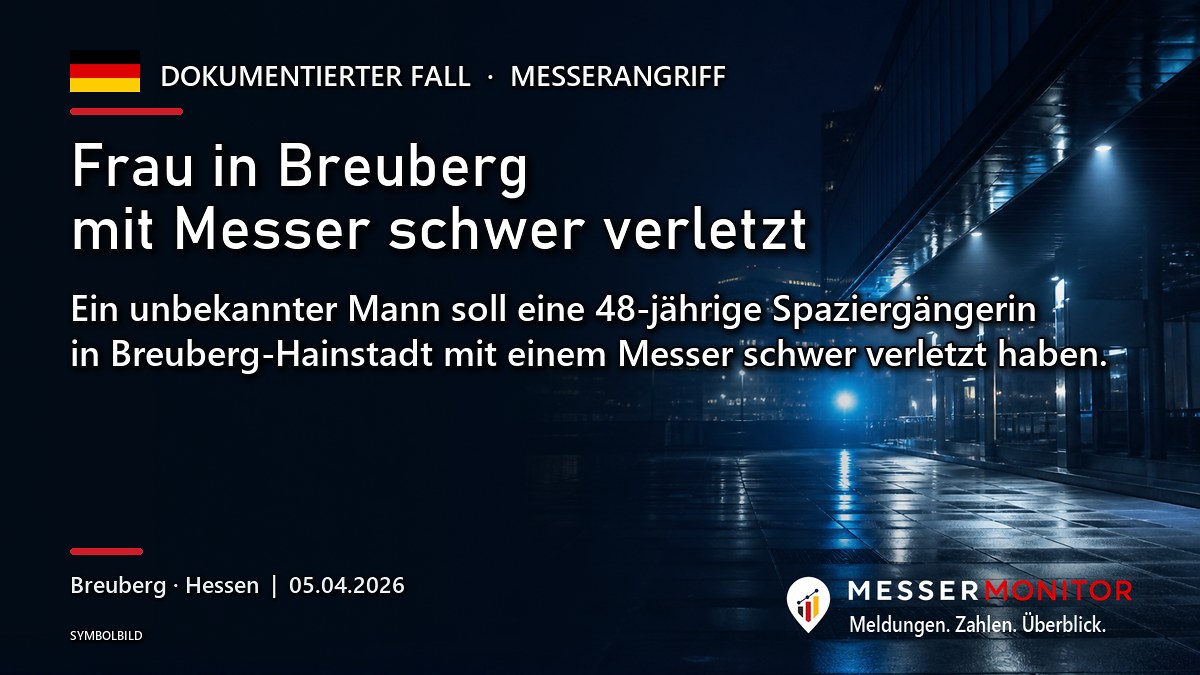 Titelgrafik: Frau in Breuberg mit Messer schwer verletzt. Ein unbekannter Mann soll eine 48-jährige Spaziergängerin in Breuberg-Hainstadt mit einem Messer schwer verletzt haben..