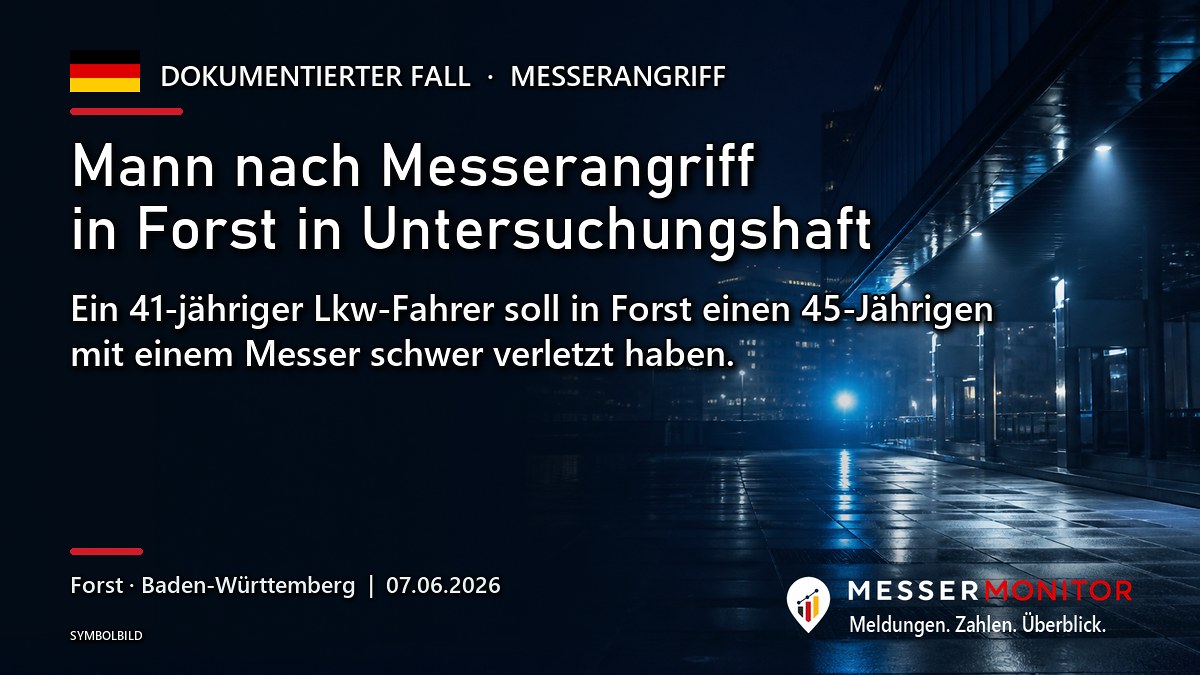 Titelgrafik: Mann nach Messerangriff in Forst in Untersuchungshaft. Ein 41-jähriger Lkw-Fahrer soll in Forst einen 45-Jährigen mit einem Messer schwer verletzt haben..
