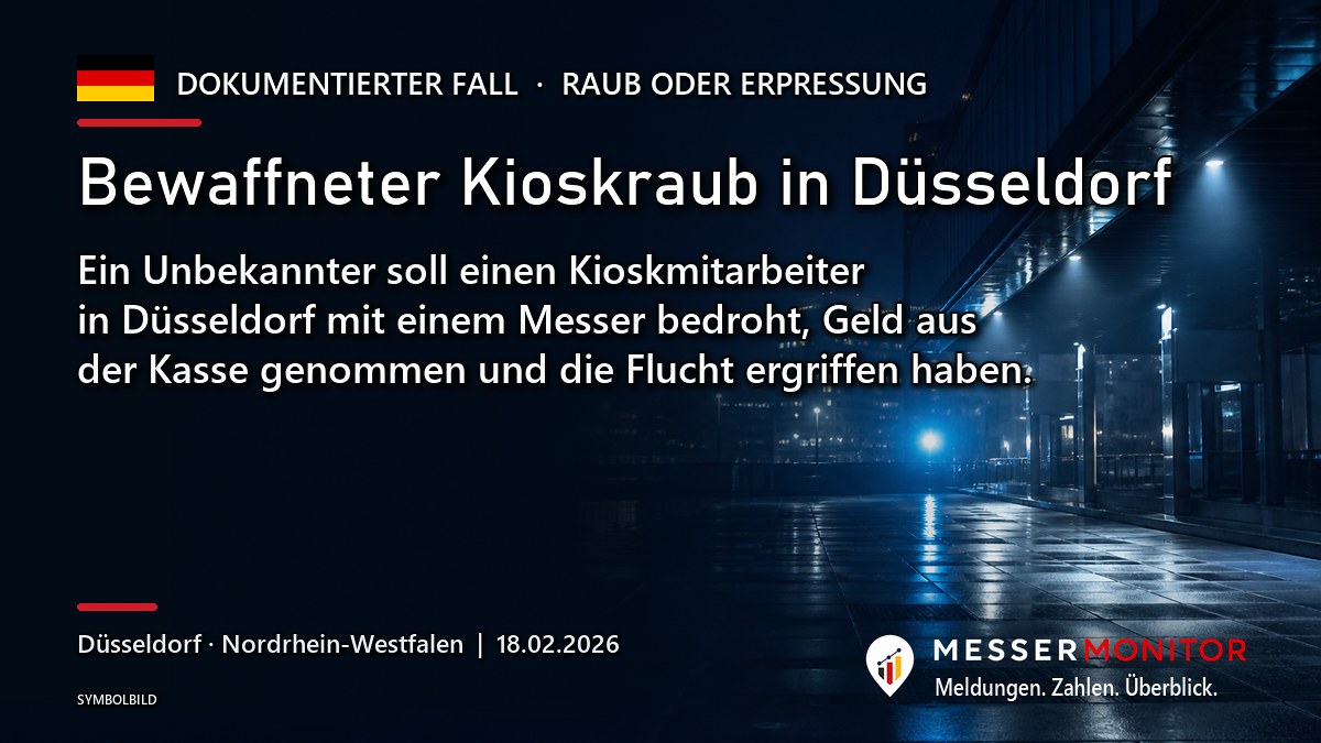 Titelgrafik: Bewaffneter Kioskraub in Düsseldorf. Ein Unbekannter soll einen Kioskmitarbeiter in Düsseldorf mit einem Messer bedroht, Geld aus der Kasse genommen und die Flucht ergriffen haben..