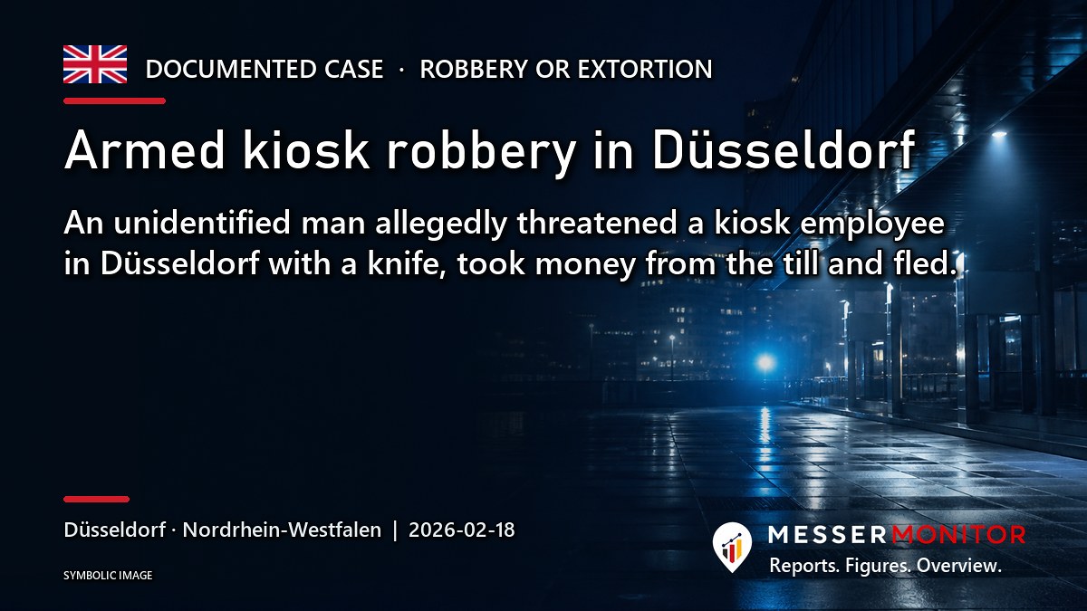 Title image: Armed kiosk robbery in Düsseldorf. An unidentified man allegedly threatened a kiosk employee in Düsseldorf with a knife, took money from the till and fled..