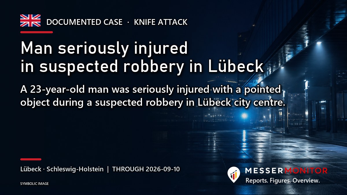 Title image: Man seriously injured in suspected robbery in Lübeck. A 23-year-old man was seriously injured with a pointed object during a suspected robbery in Lübeck city centre.