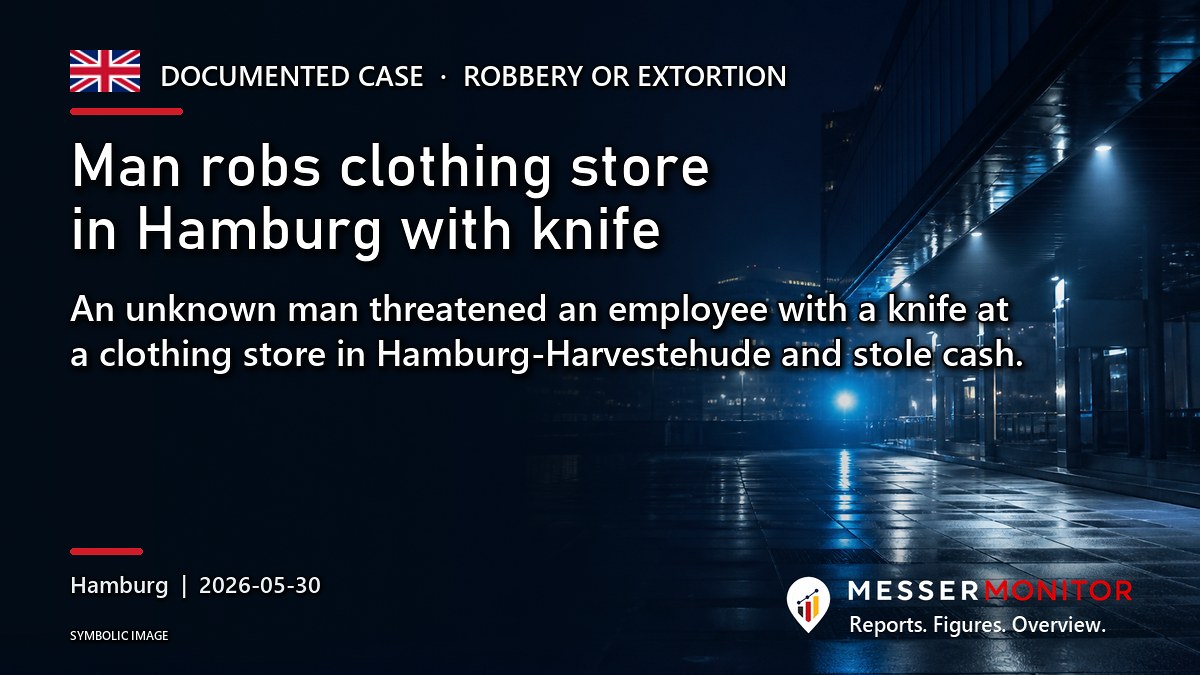 Title image: Man robs clothing store in Hamburg with knife. An unknown man threatened an employee with a knife at a clothing store in Hamburg-Harvestehude and stole cash..