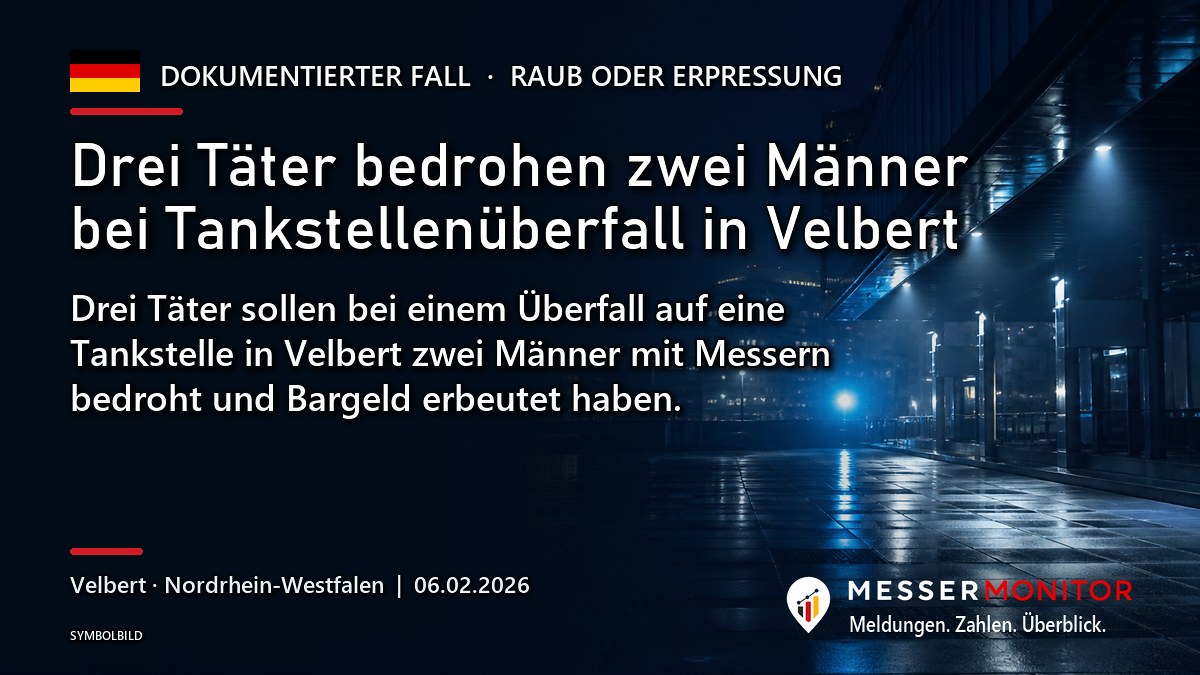 Titelgrafik: Drei Täter bedrohen zwei Männer bei Tankstellenüberfall in Velbert. Drei Täter sollen bei einem Überfall auf eine Tankstelle in Velbert zwei Männer mit Messern bedroht und Bargeld erbeutet haben..