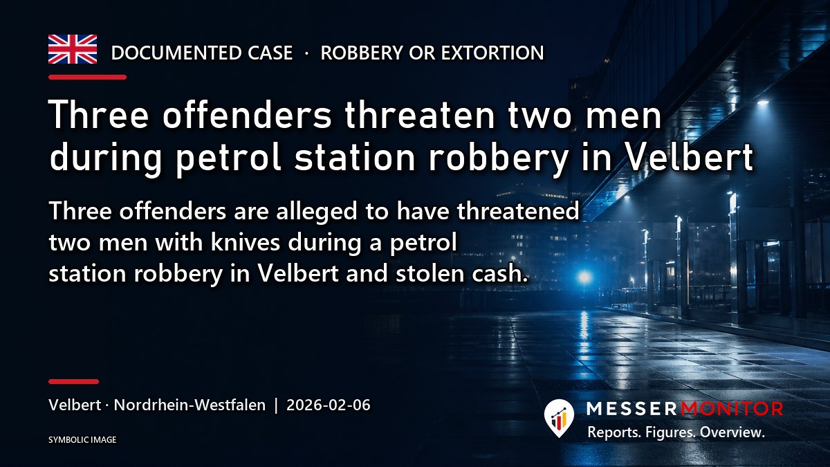 Title image: Three offenders threaten two men during petrol station robbery in Velbert. Three offenders are alleged to have threatened two men with knives during a petrol station robbery in Velbert and stolen cash..