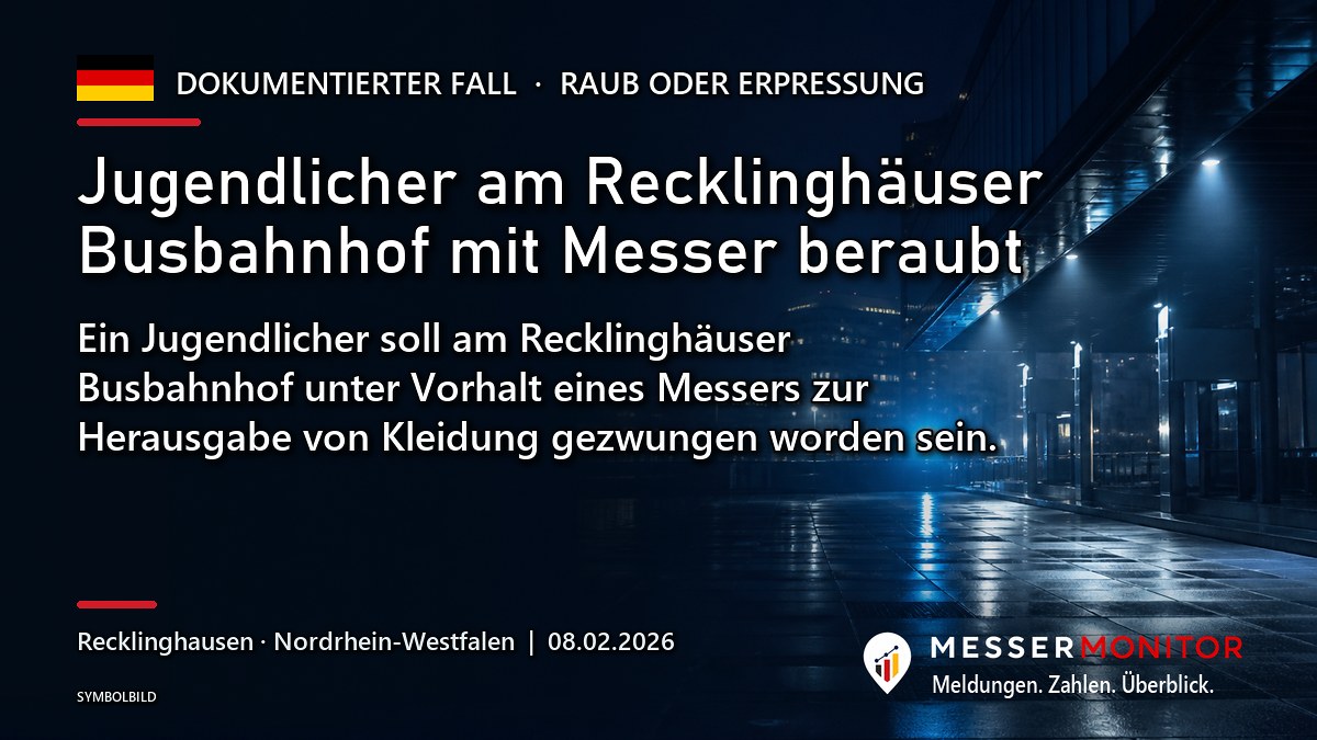 Titelgrafik: Jugendlicher am Recklinghäuser Busbahnhof mit Messer beraubt. Ein Jugendlicher soll am Recklinghäuser Busbahnhof unter Vorhalt eines Messers zur Herausgabe von Kleidung gezwungen worden sein..