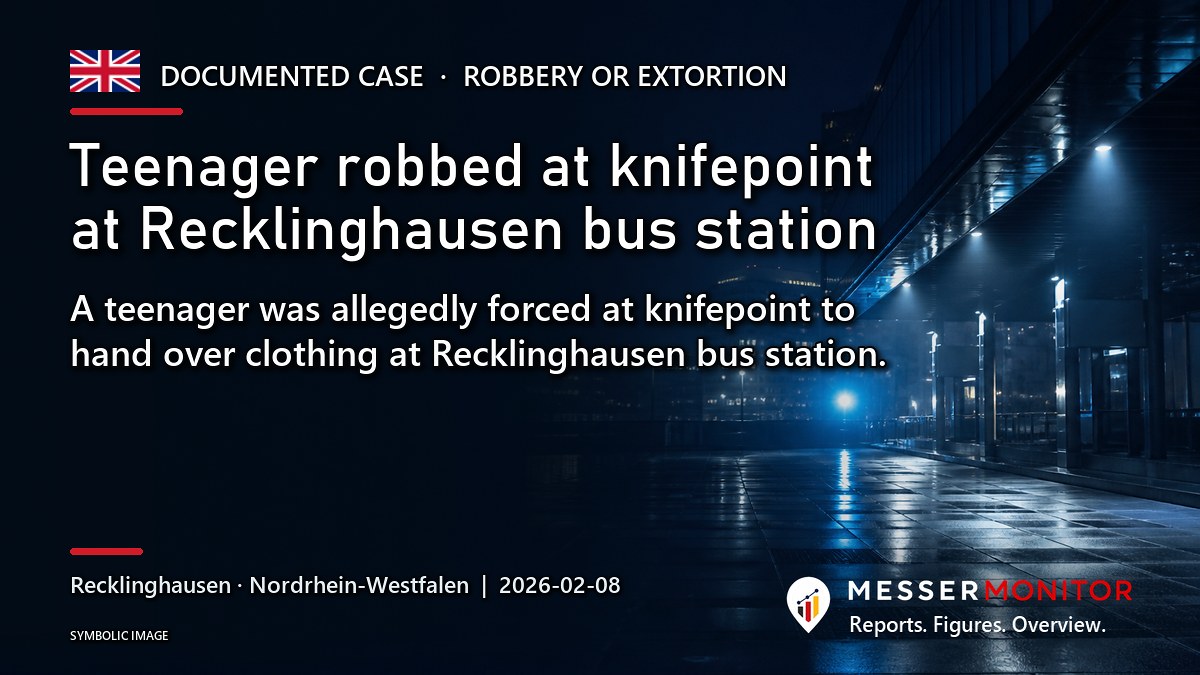 Title image: Teenager robbed at knifepoint at Recklinghausen bus station. A teenager was allegedly forced at knifepoint to hand over clothing at Recklinghausen bus station..