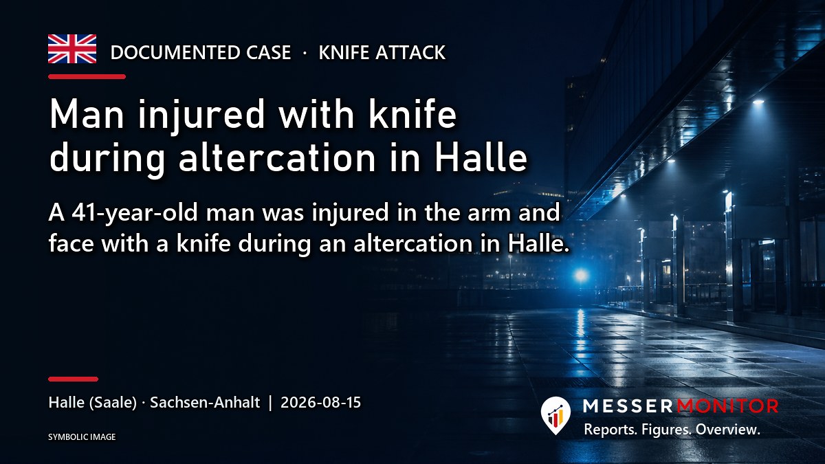 Title image: Man injured with knife during altercation in Halle. A 41-year-old man was injured in the arm and face with a knife during an altercation in Halle..