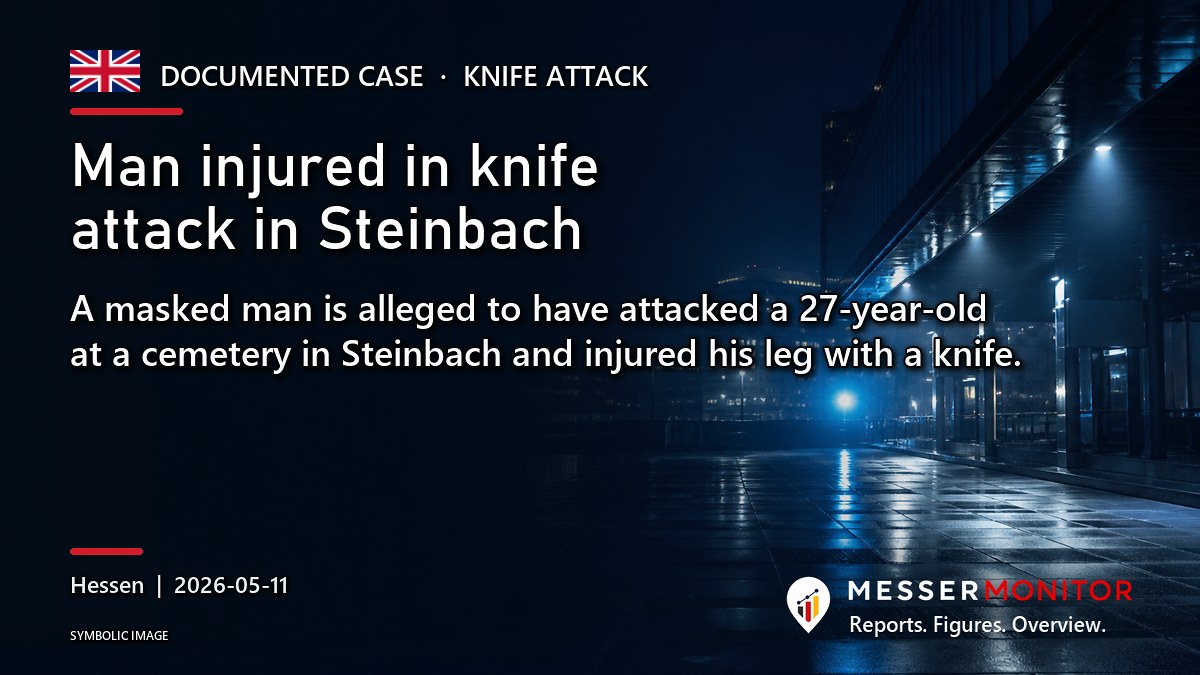 Title image: Man injured in knife attack in Steinbach. A masked man is alleged to have attacked a 27-year-old at a cemetery in Steinbach and injured his leg with a knife..