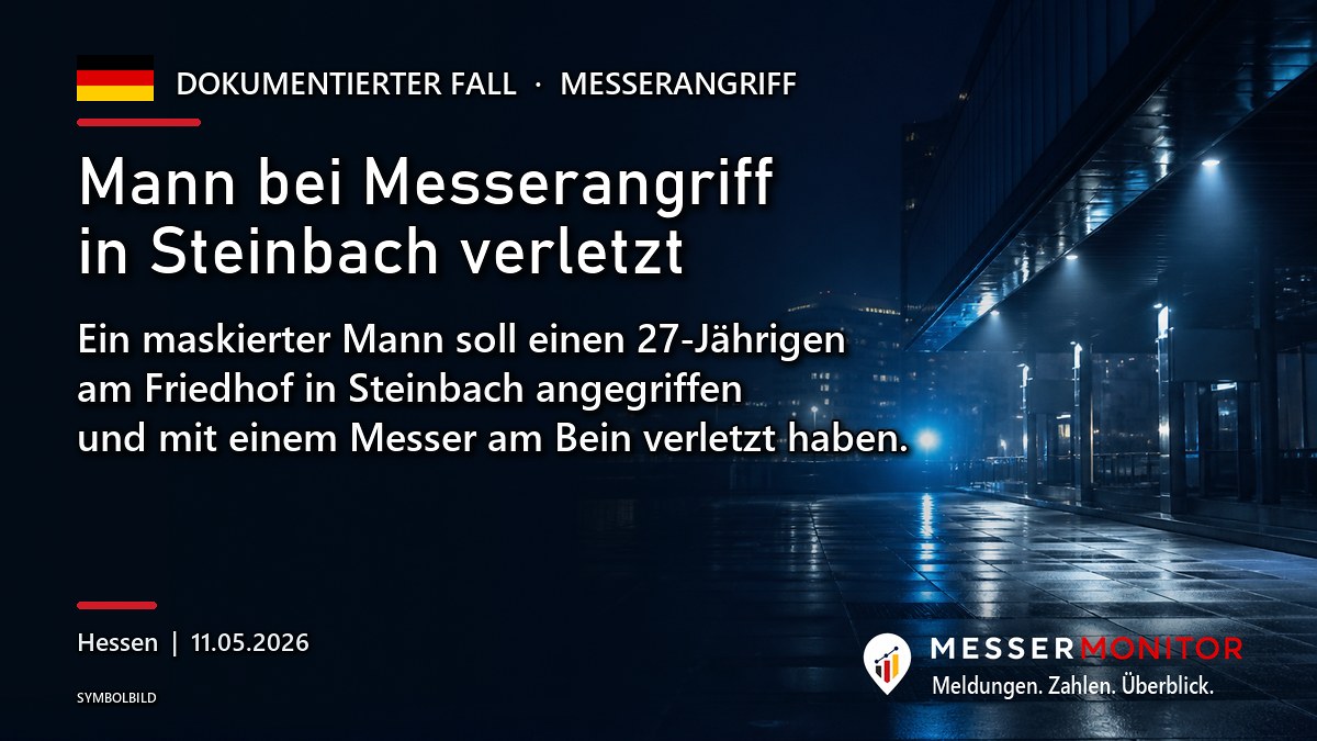 Titelgrafik: Mann bei Messerangriff in Steinbach verletzt. Ein maskierter Mann soll einen 27-Jährigen am Friedhof in Steinbach angegriffen und mit einem Messer am Bein verletzt haben..