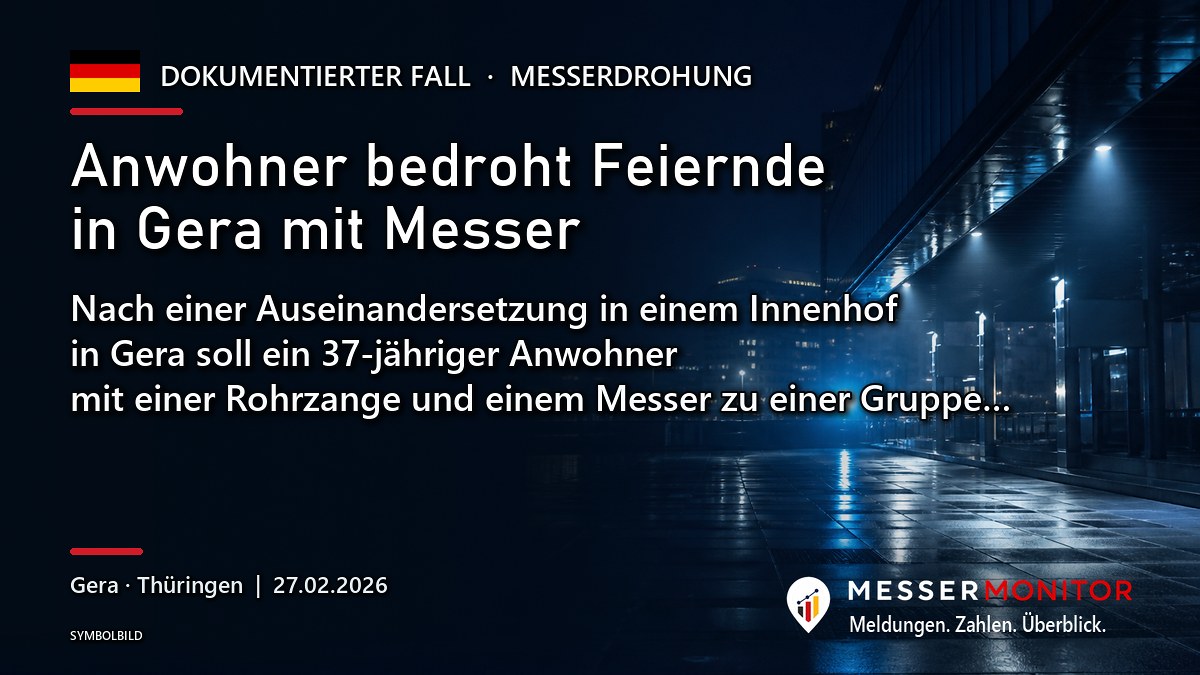 Titelgrafik: Anwohner bedroht Feiernde in Gera mit Messer. Nach einer Auseinandersetzung in einem Innenhof in Gera soll ein 37-jähriger Anwohner mit einer Rohrzange und einem Messer zu einer Gruppe….