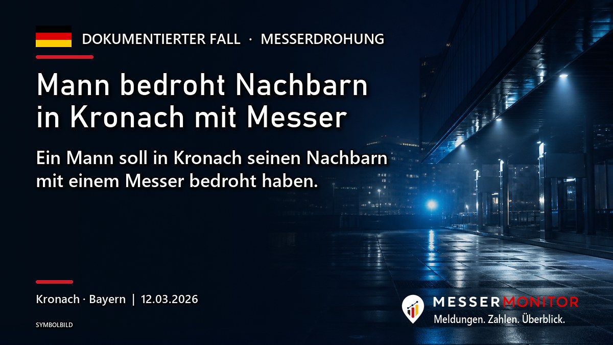 Titelgrafik: Mann bedroht Nachbarn in Kronach mit Messer. Ein Mann soll in Kronach seinen Nachbarn mit einem Messer bedroht haben..