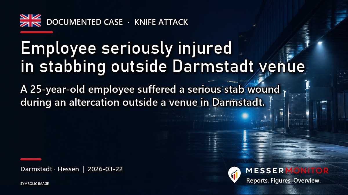 Title image: Employee seriously injured in stabbing outside Darmstadt venue. A 25-year-old employee suffered a serious stab wound during an altercation outside a venue in Darmstadt..