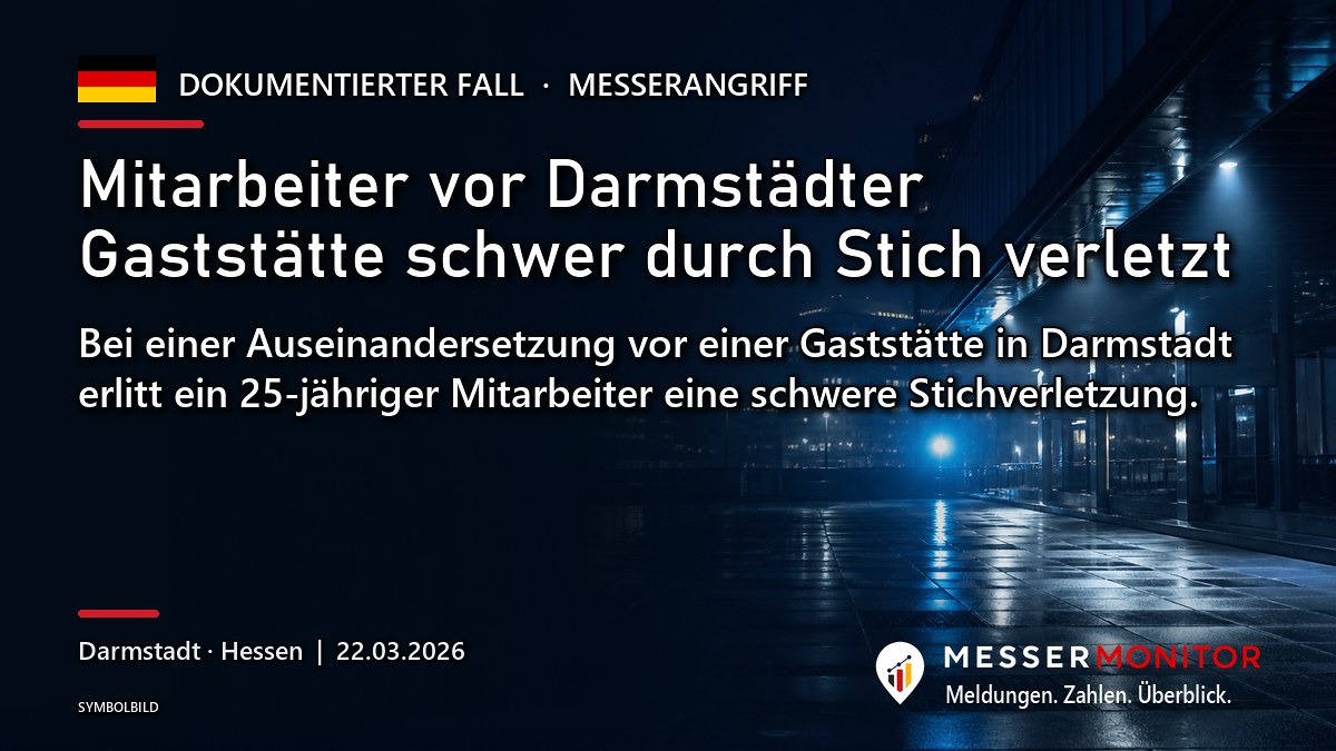 Titelgrafik: Mitarbeiter vor Darmstädter Gaststätte schwer durch Stich verletzt. Bei einer Auseinandersetzung vor einer Gaststätte in Darmstadt erlitt ein 25-jähriger Mitarbeiter eine schwere Stichverletzung..