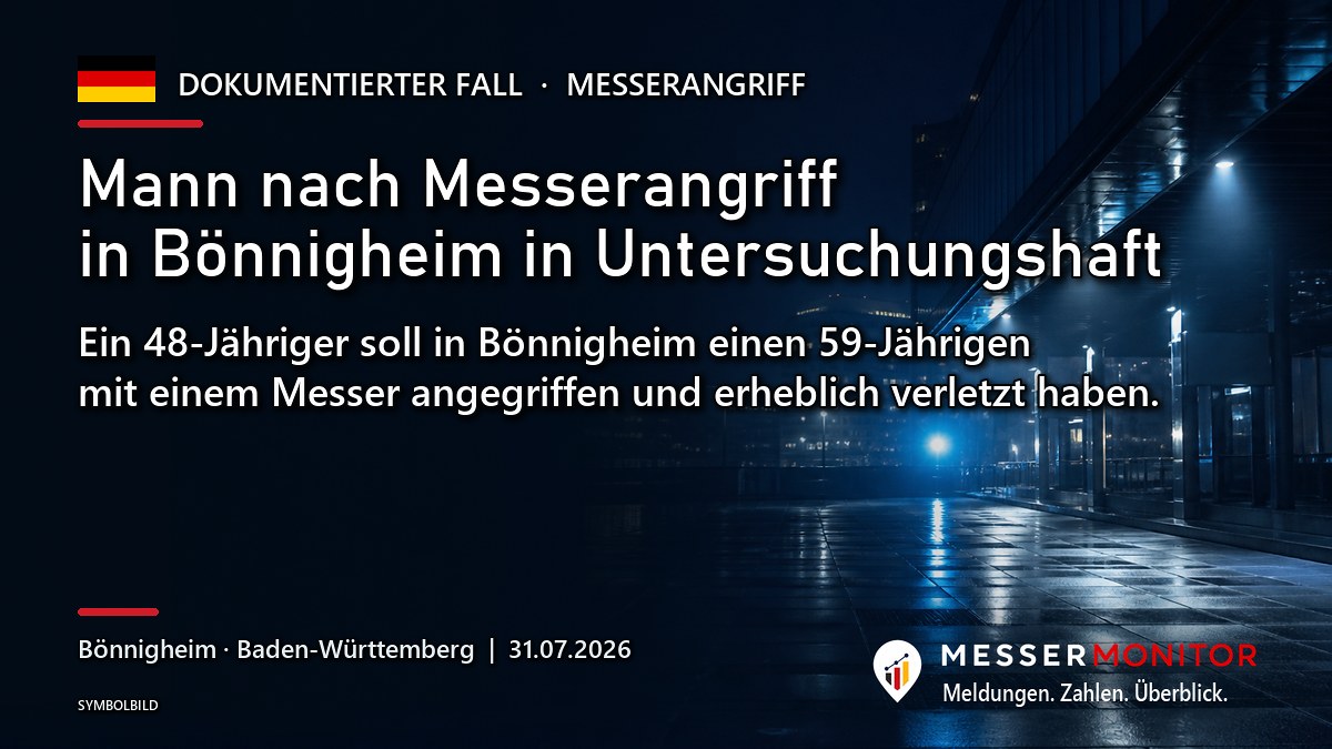 Titelgrafik: Mann nach Messerangriff in Bönnigheim in Untersuchungshaft. Ein 48-Jähriger soll in Bönnigheim einen 59-Jährigen mit einem Messer angegriffen und erheblich verletzt haben..