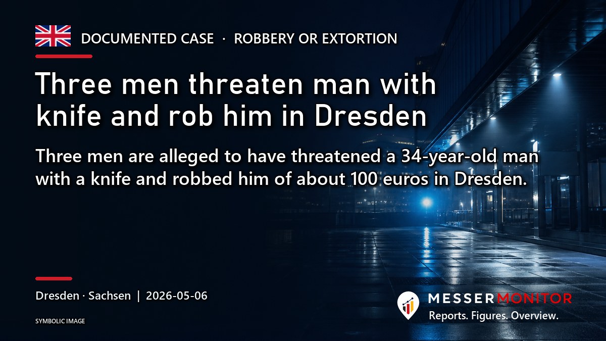 Title image: Three men threaten man with knife and rob him in Dresden. Three men are alleged to have threatened a 34-year-old man with a knife and robbed him of about 100 euros in Dresden..