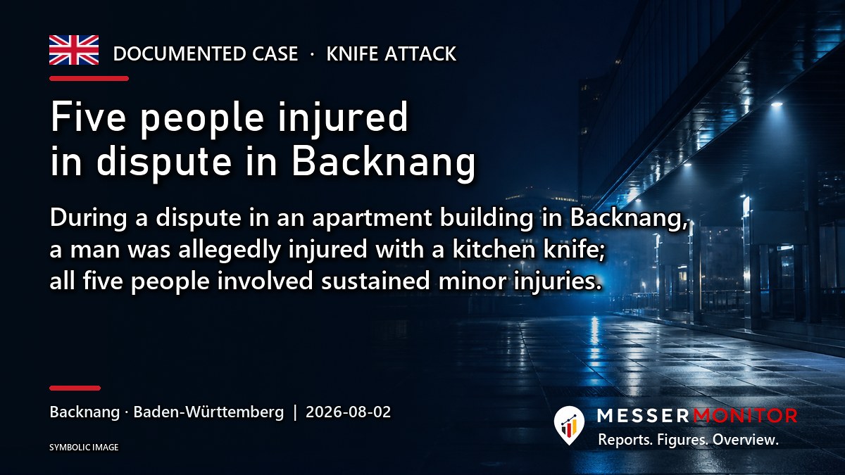 Title image: Five people injured in dispute in Backnang. During a dispute in an apartment building in Backnang, a man was allegedly injured with a kitchen knife; all five people involved sustained minor injuries..