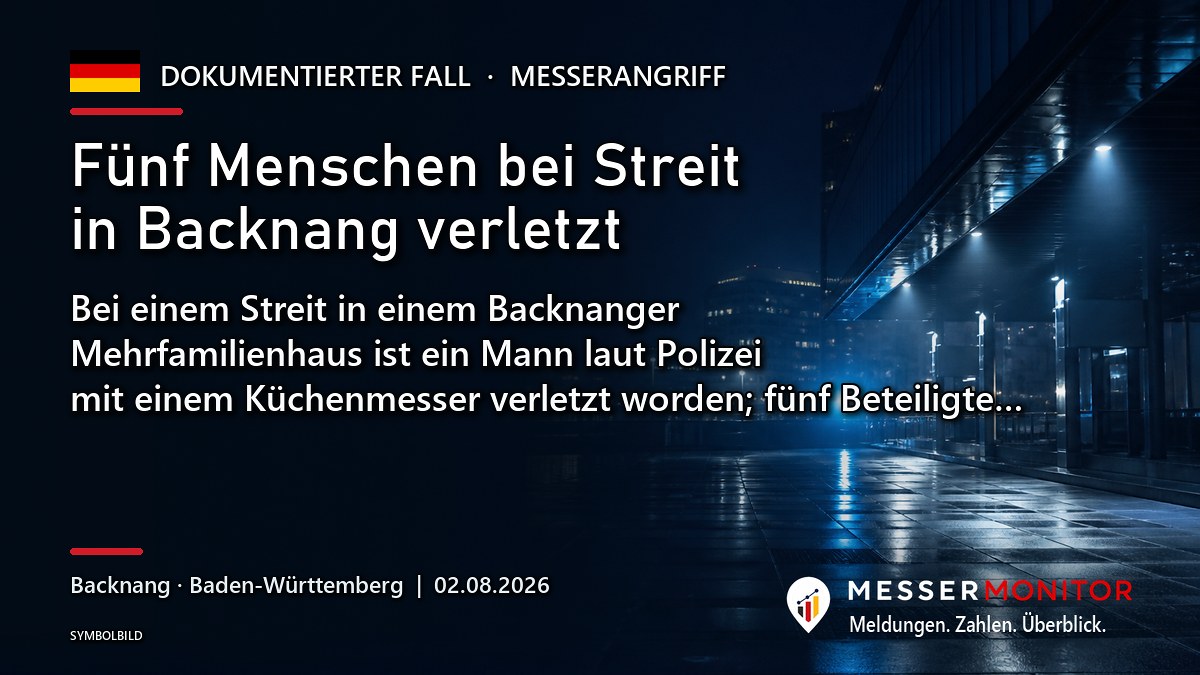 Titelgrafik: Fünf Menschen bei Streit in Backnang verletzt. Bei einem Streit in einem Backnanger Mehrfamilienhaus ist ein Mann laut Polizei mit einem Küchenmesser verletzt worden; fünf Beteiligte….
