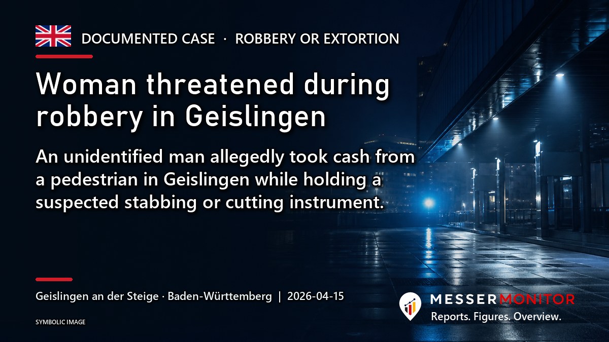 Title image: Woman threatened during robbery in Geislingen. An unidentified man allegedly took cash from a pedestrian in Geislingen while holding a suspected stabbing or cutting instrument..