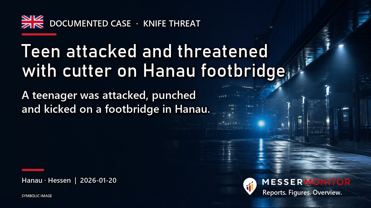 Title image: Teen attacked and threatened with cutter on Hanau footbridge. A teenager was attacked, punched and kicked on a footbridge in Hanau..