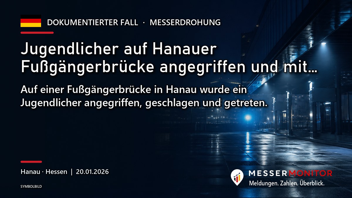 Titelgrafik: Jugendlicher auf Hanauer Fußgängerbrücke angegriffen und mit…. Auf einer Fußgängerbrücke in Hanau wurde ein Jugendlicher angegriffen, geschlagen und getreten..