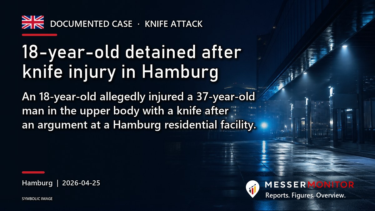 Title image: 18-year-old detained after knife injury in Hamburg. An 18-year-old allegedly injured a 37-year-old man in the upper body with a knife after an argument at a Hamburg residential facility..