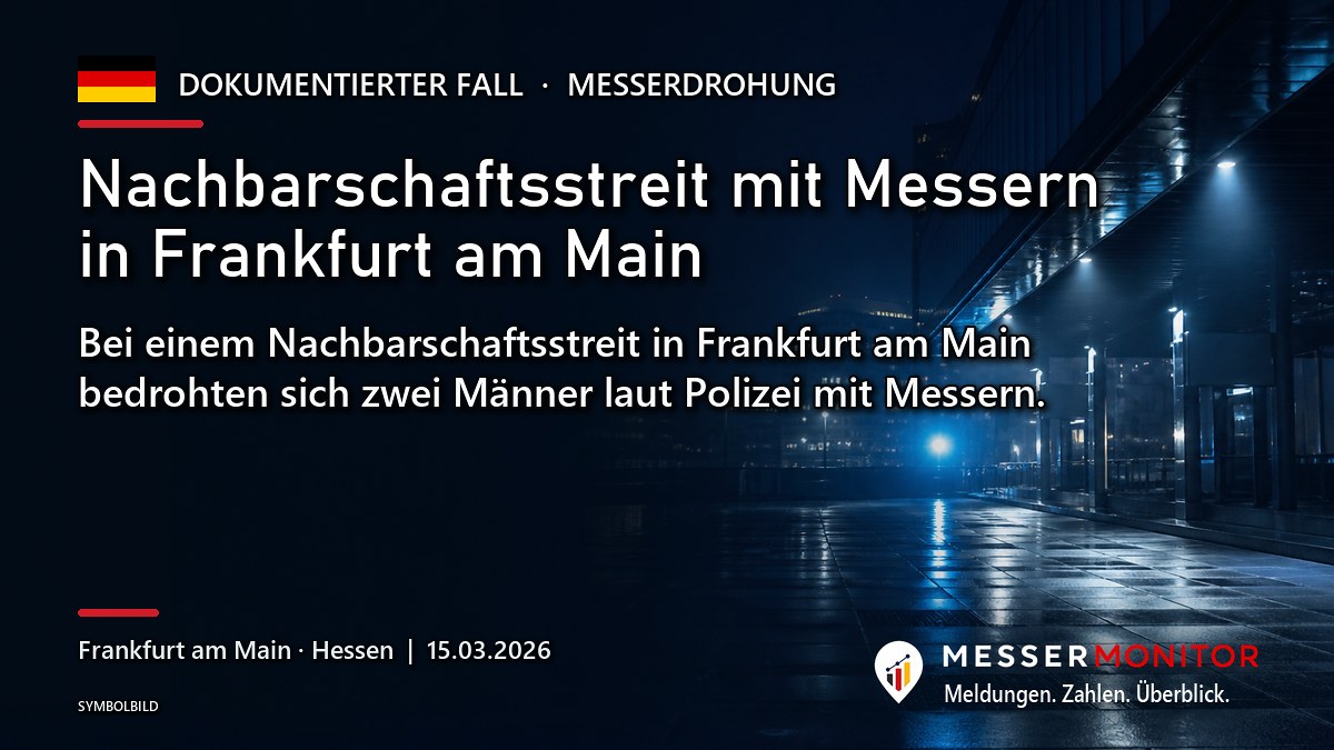 Titelgrafik: Nachbarschaftsstreit mit Messern in Frankfurt am Main. Bei einem Nachbarschaftsstreit in Frankfurt am Main bedrohten sich zwei Männer laut Polizei mit Messern..