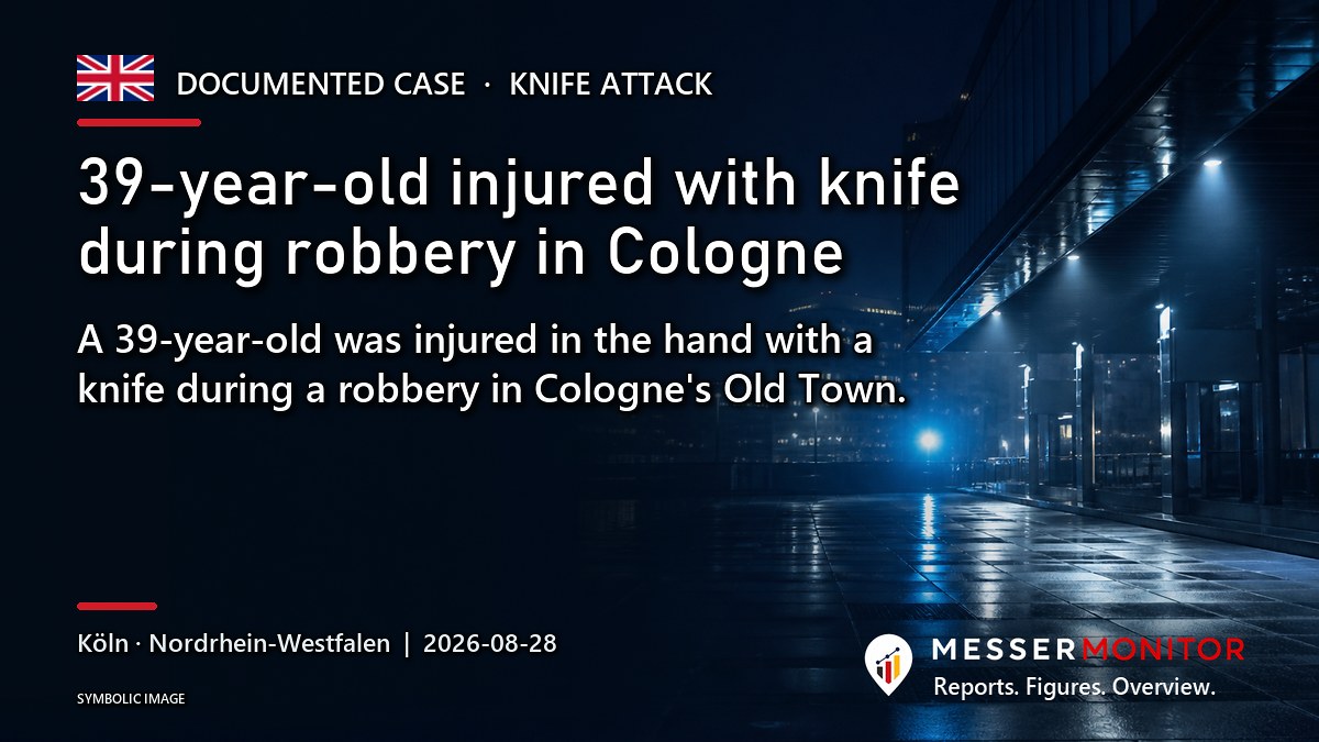 Title image: 39-year-old injured with knife during robbery in Cologne. A 39-year-old was injured in the hand with a knife during a robbery in Cologne's Old Town..