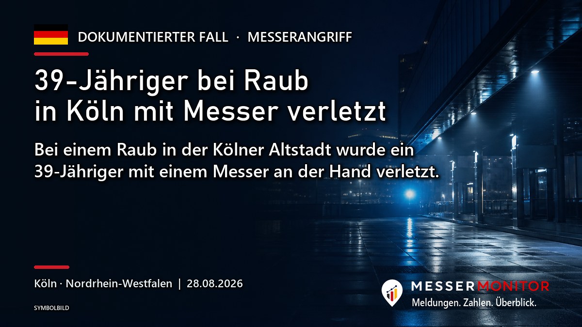 Titelgrafik: 39-Jähriger bei Raub in Köln mit Messer verletzt. Bei einem Raub in der Kölner Altstadt wurde ein 39-Jähriger mit einem Messer an der Hand verletzt..