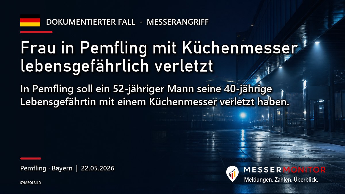 Titelgrafik: Frau in Pemfling mit Küchenmesser lebensgefährlich verletzt. In Pemfling soll ein 52-jähriger Mann seine 40-jährige Lebensgefährtin mit einem Küchenmesser verletzt haben..