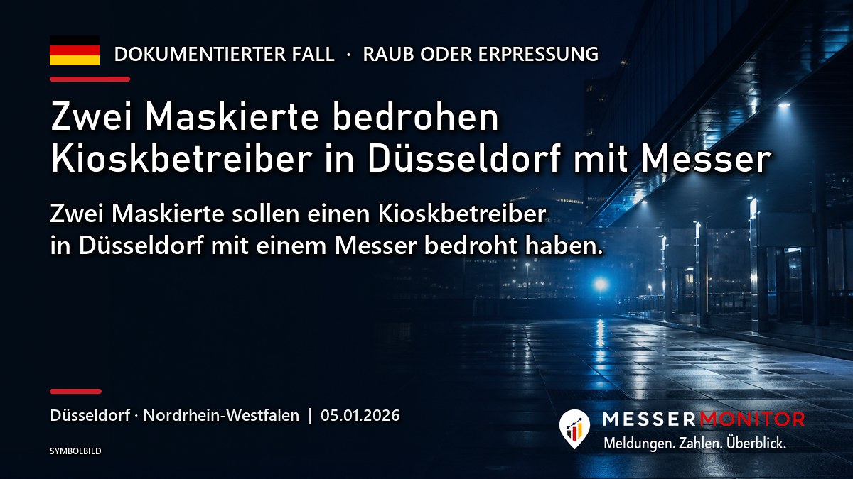 Titelgrafik: Zwei Maskierte bedrohen Kioskbetreiber in Düsseldorf mit Messer. Zwei Maskierte sollen einen Kioskbetreiber in Düsseldorf mit einem Messer bedroht haben..