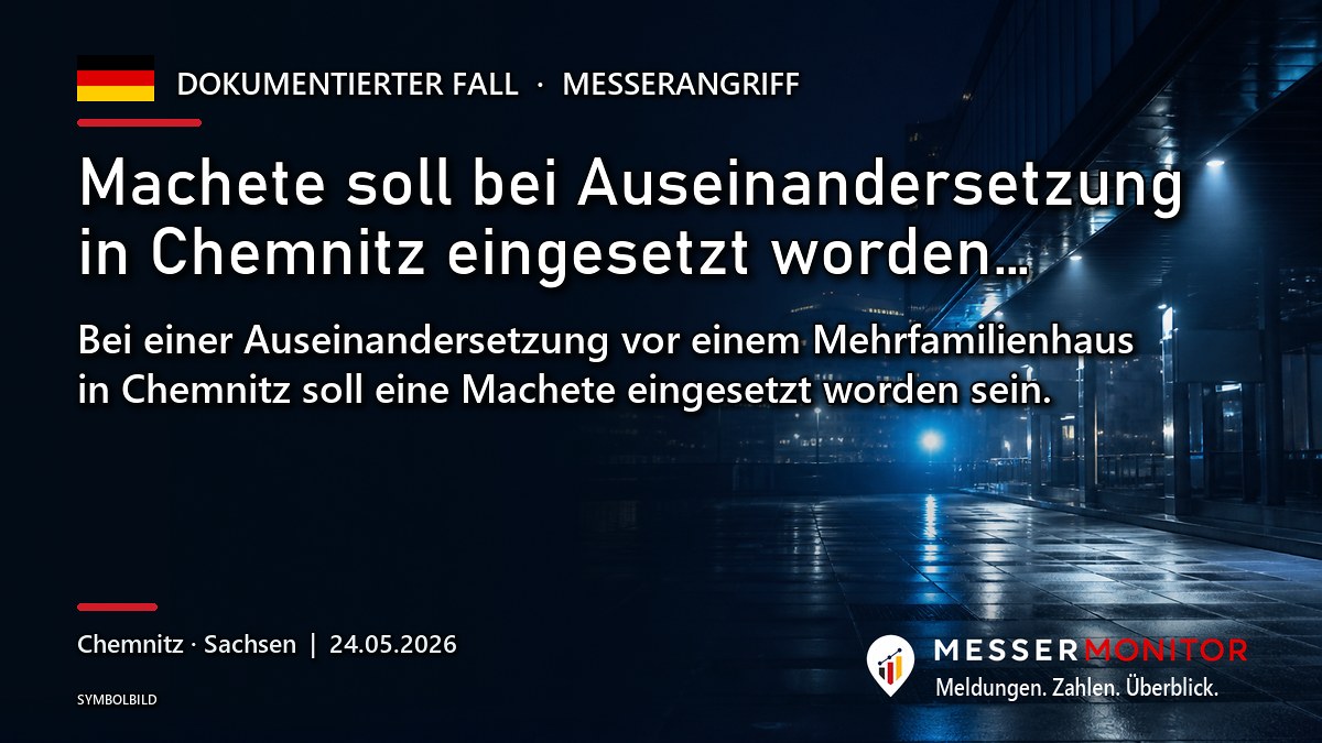 Titelgrafik: Machete soll bei Auseinandersetzung in Chemnitz eingesetzt worden…. Bei einer Auseinandersetzung vor einem Mehrfamilienhaus in Chemnitz soll eine Machete eingesetzt worden sein..