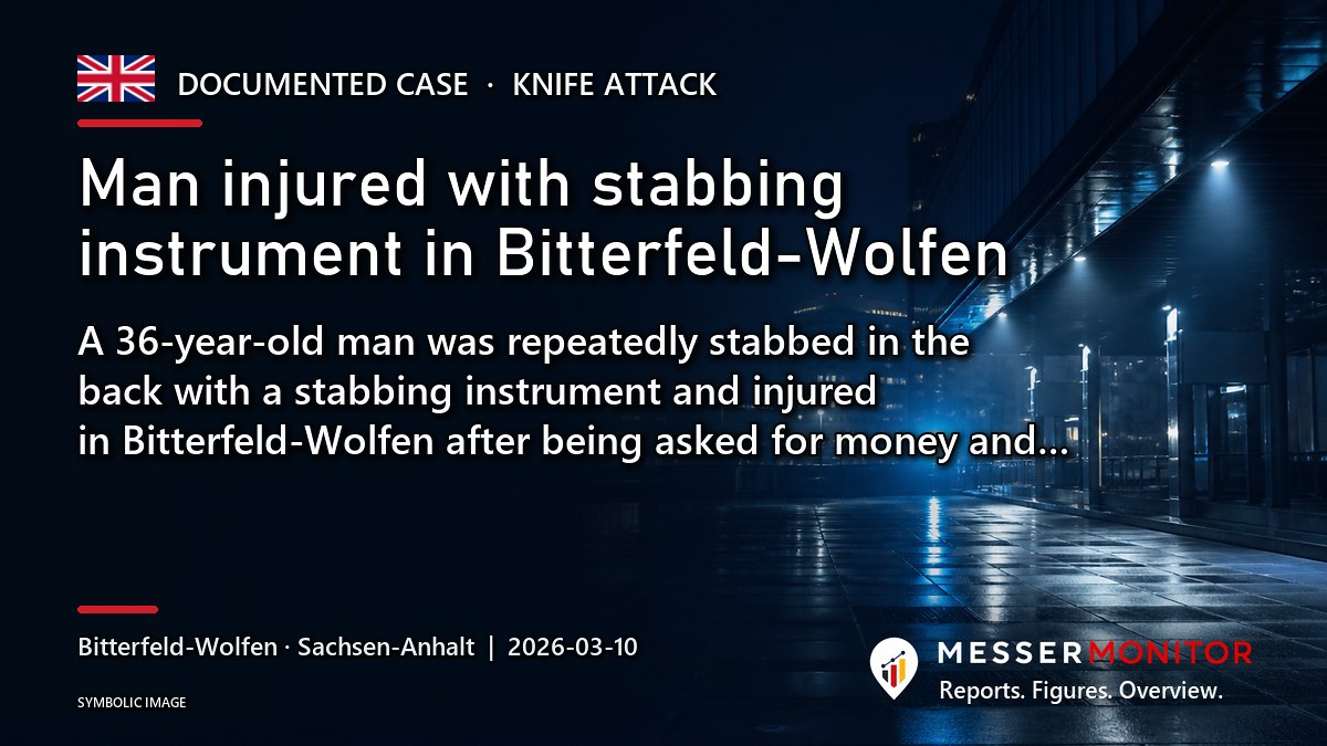 Title image: Man injured with stabbing instrument in Bitterfeld-Wolfen. A 36-year-old man was repeatedly stabbed in the back with a stabbing instrument and injured in Bitterfeld-Wolfen after being asked for money and….