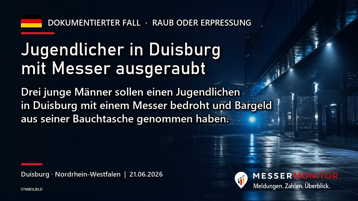 Titelgrafik: Jugendlicher in Duisburg mit Messer ausgeraubt. Drei junge Männer sollen einen Jugendlichen in Duisburg mit einem Messer bedroht und Bargeld aus seiner Bauchtasche genommen haben..
