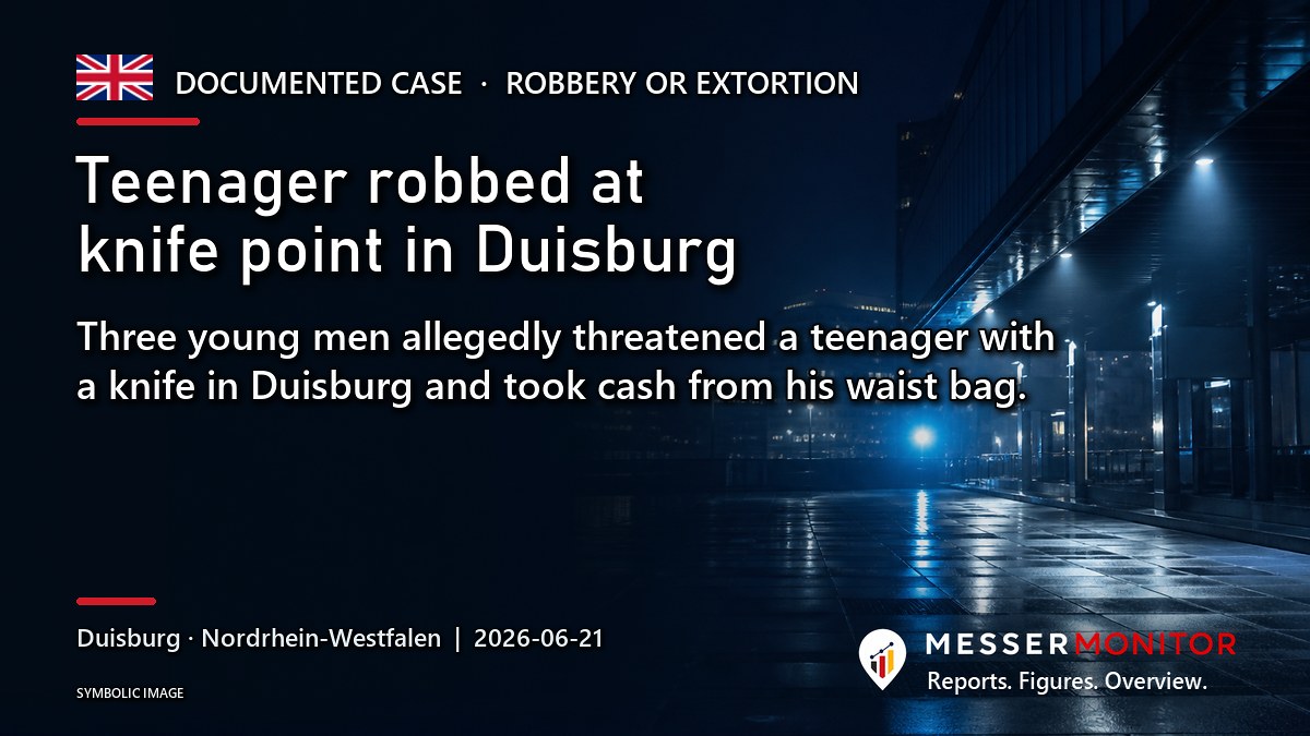 Title image: Teenager robbed at knife point in Duisburg. Three young men allegedly threatened a teenager with a knife in Duisburg and took cash from his waist bag..