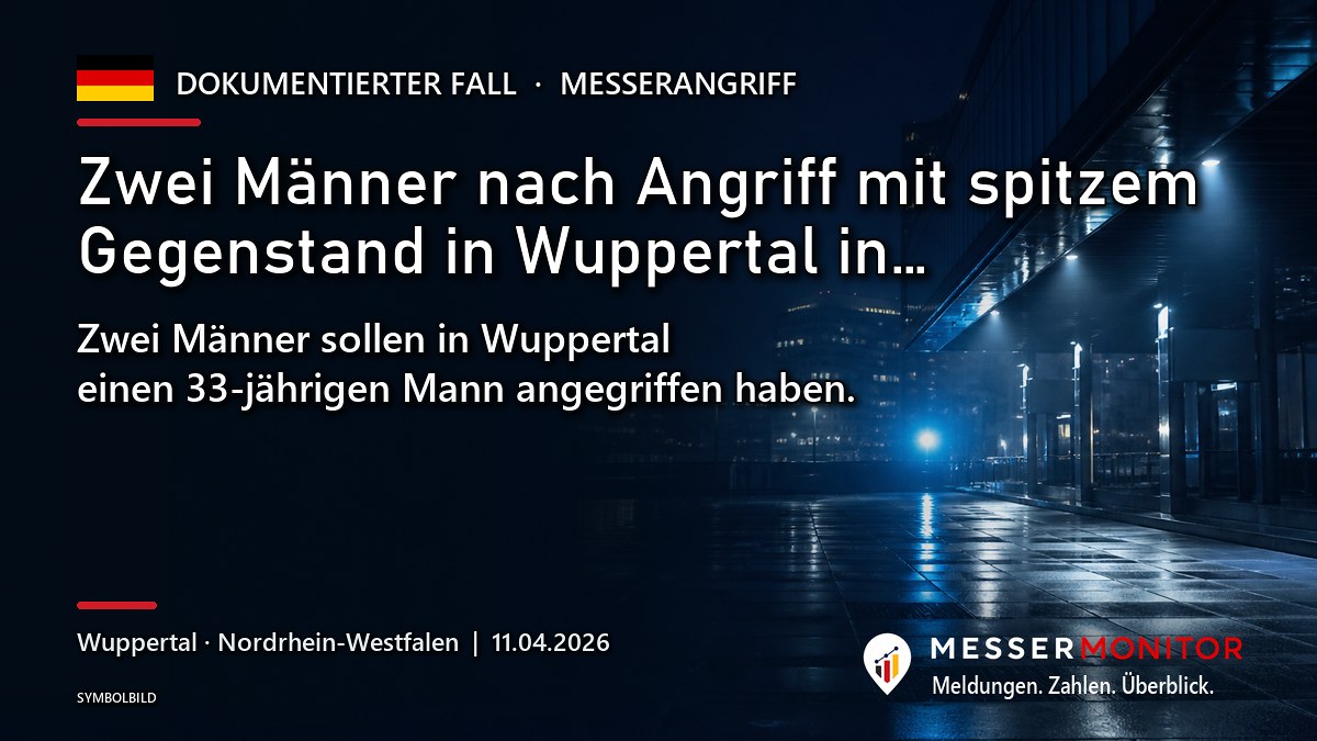 Titelgrafik: Zwei Männer nach Angriff mit spitzem Gegenstand in Wuppertal in…. Zwei Männer sollen in Wuppertal einen 33-jährigen Mann angegriffen haben..