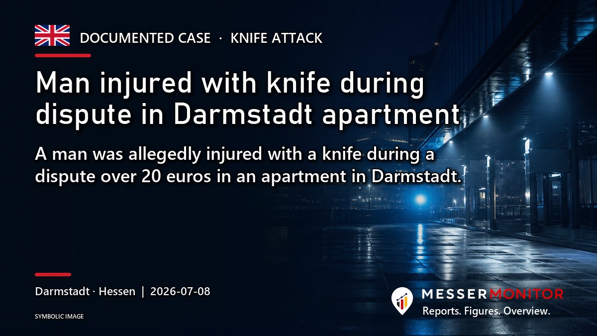 Title image: Man injured with knife during dispute in Darmstadt apartment. A man was allegedly injured with a knife during a dispute over 20 euros in an apartment in Darmstadt..